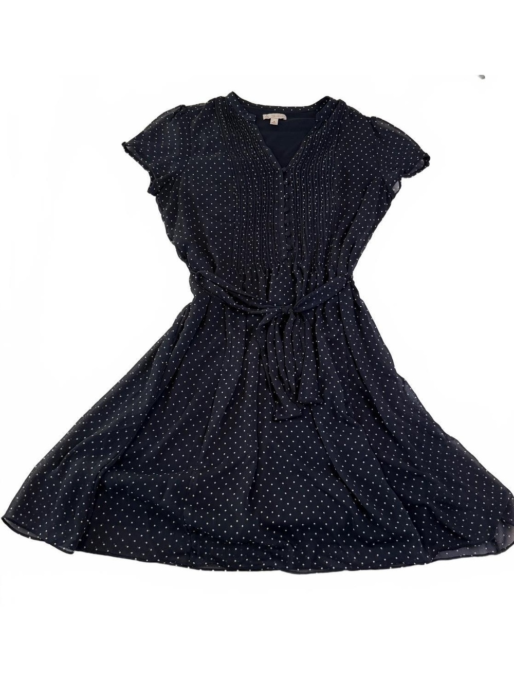 CB Established 1962 Navy Polka Dot Chiffon Fit & Flare Belted Dress Size 16